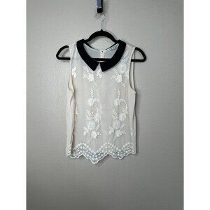 Chloe K Womens Cream Blouse Medium sleeveless lace‎ collared pullover sheer